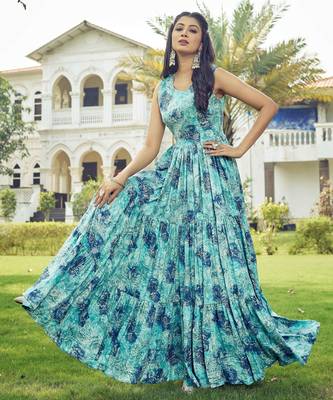 Women sea green  floral printed sleeveless tiered anarkali maxi dress 3