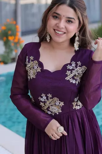 Womens trending silver crunchy with beads embroidery-work gown set