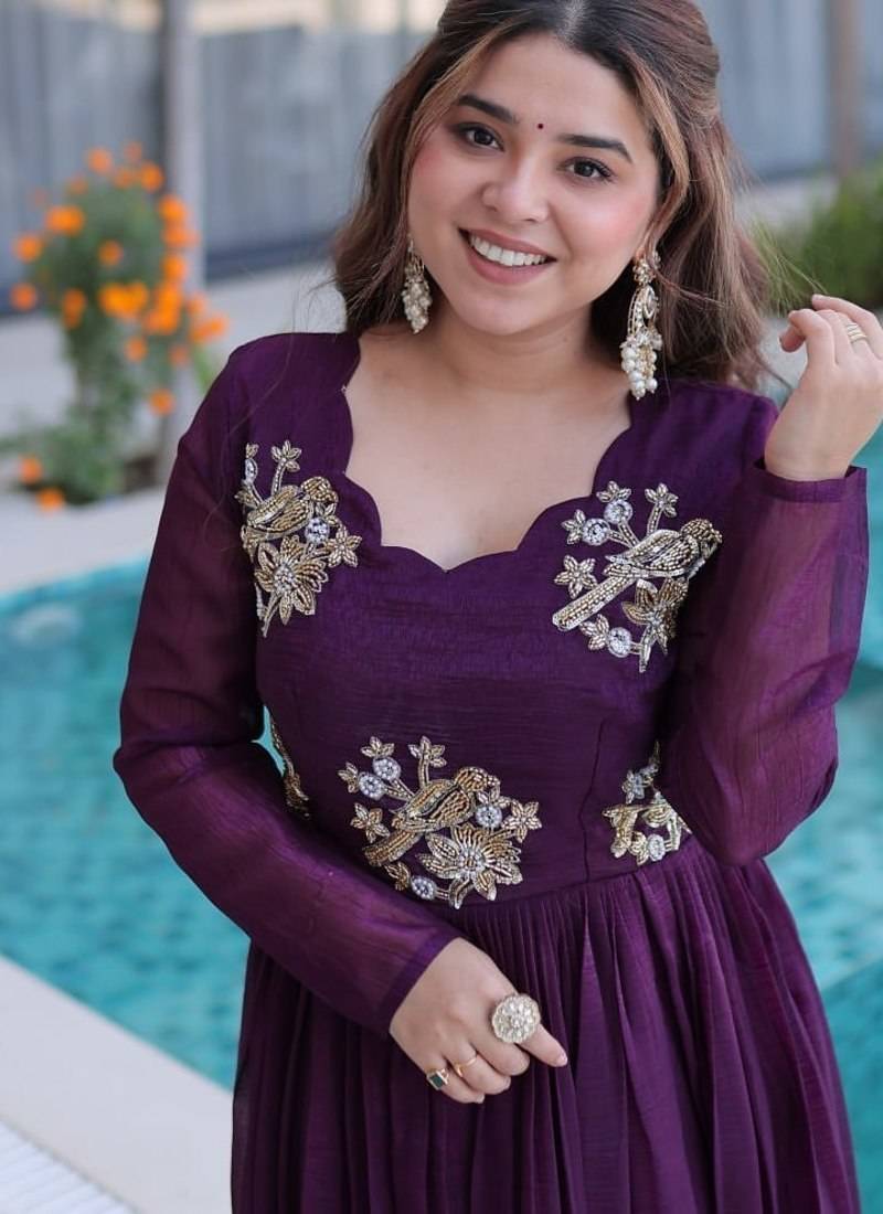 Womens new trending  silver crunchy with beads embroidery-work gown set