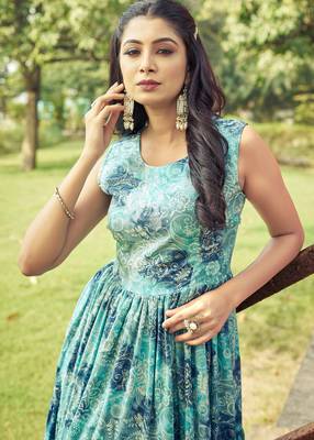 Women sea green  floral printed sleeveless tiered anarkali maxi dress 4