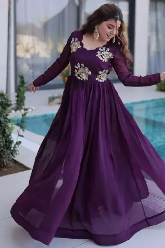 Womens trending silver crunchy with beads embroidery-work gown set