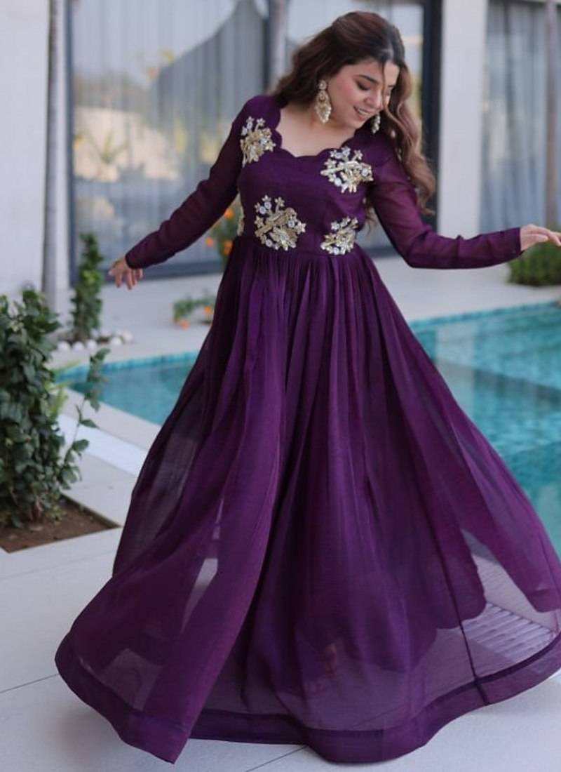 Womens new trending  silver crunchy with beads embroidery-work gown set