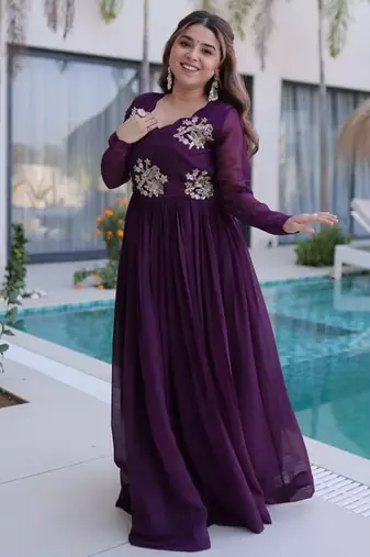 Womens trending silver crunchy with beads embroidery-work gown set