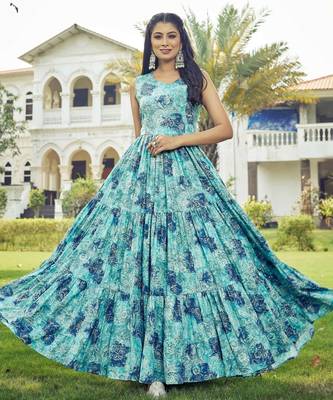 Women sea green  floral printed sleeveless tiered anarkali maxi dress 5