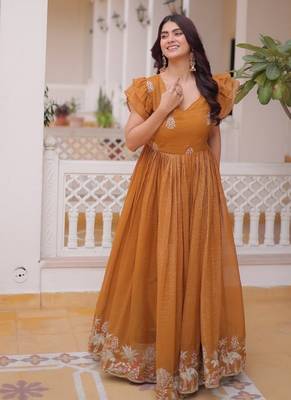 Womens new trending  silver crunchy with beads embroidery-work gown set 1