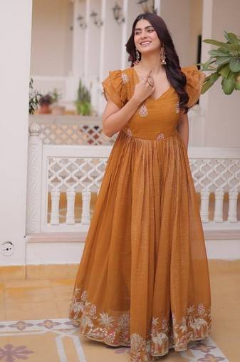 Womens new trending  silver crunchy with beads embroidery-work gown set