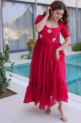 Womens new stylish fendi silk with beads embroidered work gown set