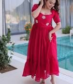 Womens new stylish fendi silk with beads embroidered work gown set