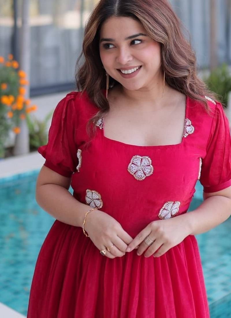 Womens new stylish fendi silk with beads embroidered work gown set