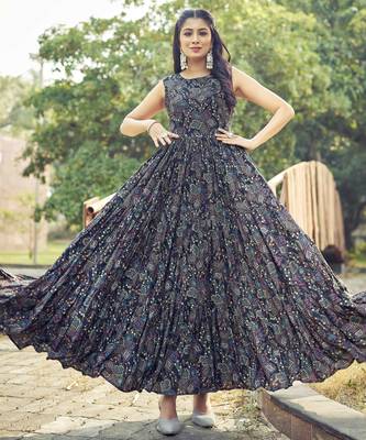 Women black floral printed sleeveless tiered anarkali maxi dress 5