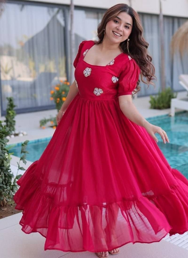 Womens new stylish fendi silk with beads embroidered work gown set