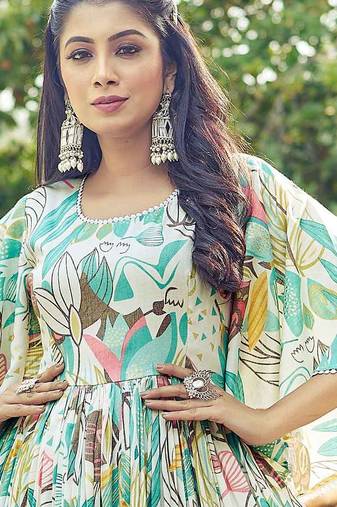 Women off white tropical leaf printed flared maxi dress