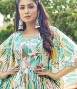 Women off white tropical leaf printed flared maxi dress