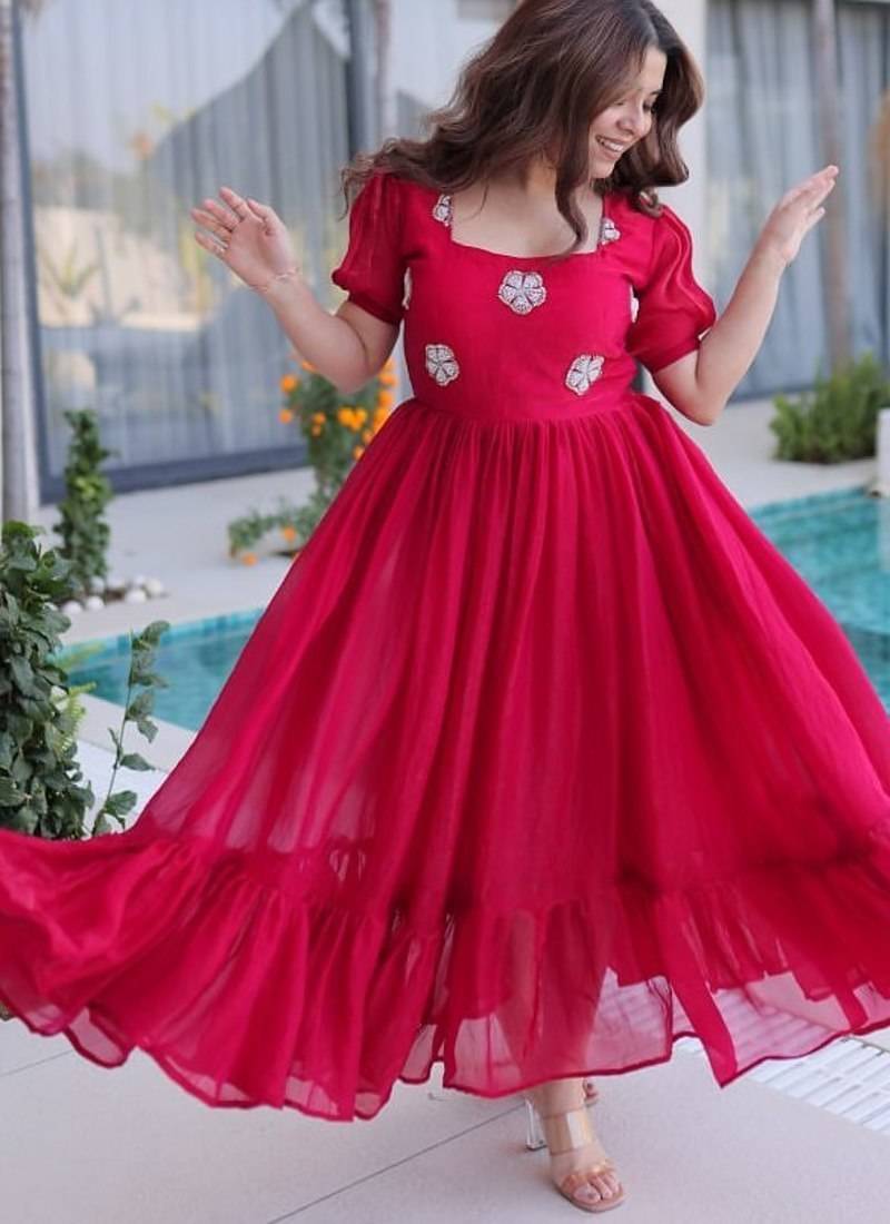 Womens new stylish fendi silk with beads embroidered work gown set