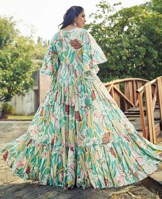 Women off white tropical leaf printed flared maxi dress 2