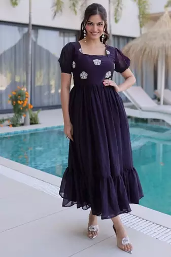 Womens new stylish fendi silk with beads embroidered work gown set