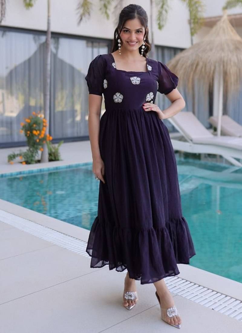 Womens new stylish fendi silk with beads embroidered work gown set