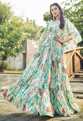 Women off white tropical leaf printed flared maxi dress 3