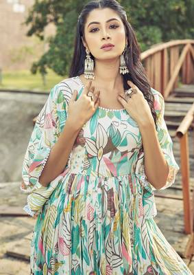 Women off white tropical leaf printed flared maxi dress 4
