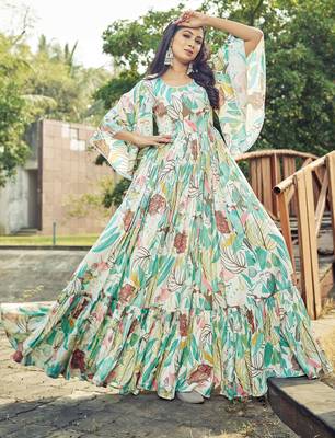 Women off white tropical leaf printed flared maxi dress 5