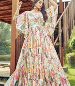Women off white tropical leaf printed flared maxi dress