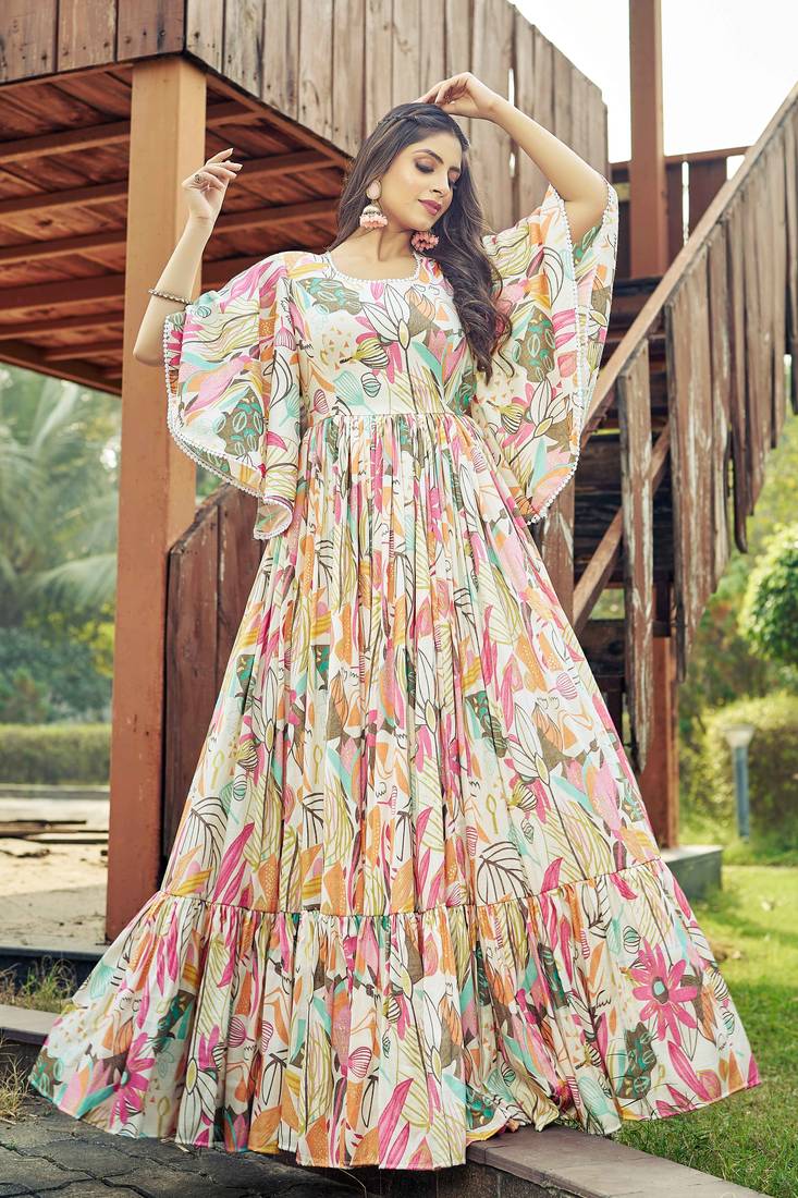 Women off white tropical leaf printed flared maxi dress