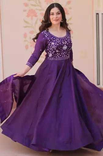 womens simple gold crush with beads embroidery-work gown set