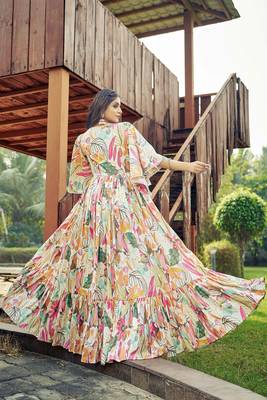 Women off white tropical leaf printed flared maxi dress 2
