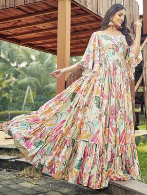 Women off white tropical leaf printed flared maxi dress 3