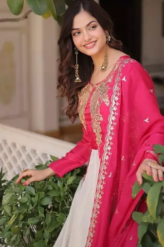 womens fancy trending glass roman and cosmos with rich sequins embroidered work gown set