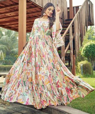 Women off white tropical leaf printed flared maxi dress 5