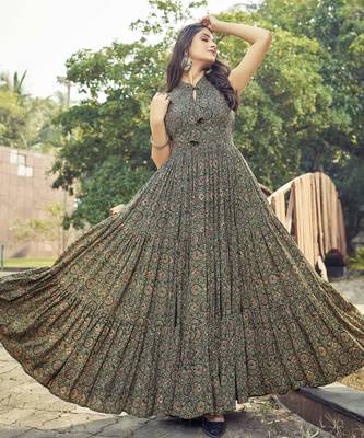 Women green ethnic printed sleeveless flared maxi dress 1