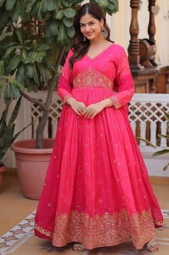 Womens new trending digital printed russian silk with embroidery zari sequins-work gown set