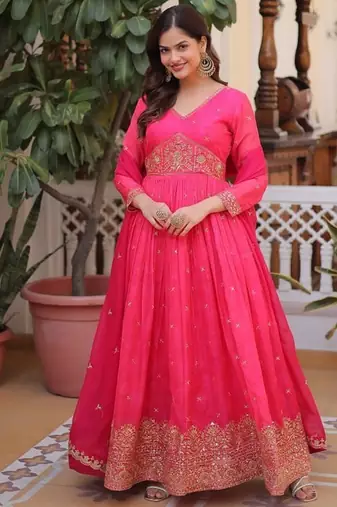 Womens new trending digital printed russian silk with embroidery zari sequins-work gown set