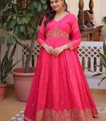 Womens new trending digital printed russian silk with embroidery zari sequins-work gown set