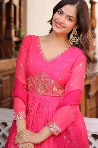 Womens trending digital printed russian silk with embroidery zari sequins-work gown set