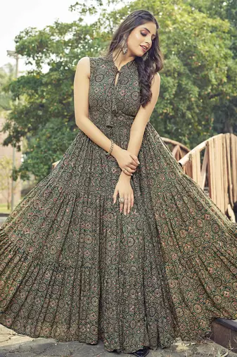 Women green ethnic printed sleeveless flared maxi dress