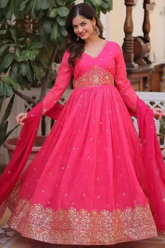 Womens trending digital printed russian silk with embroidery zari sequins-work gown set