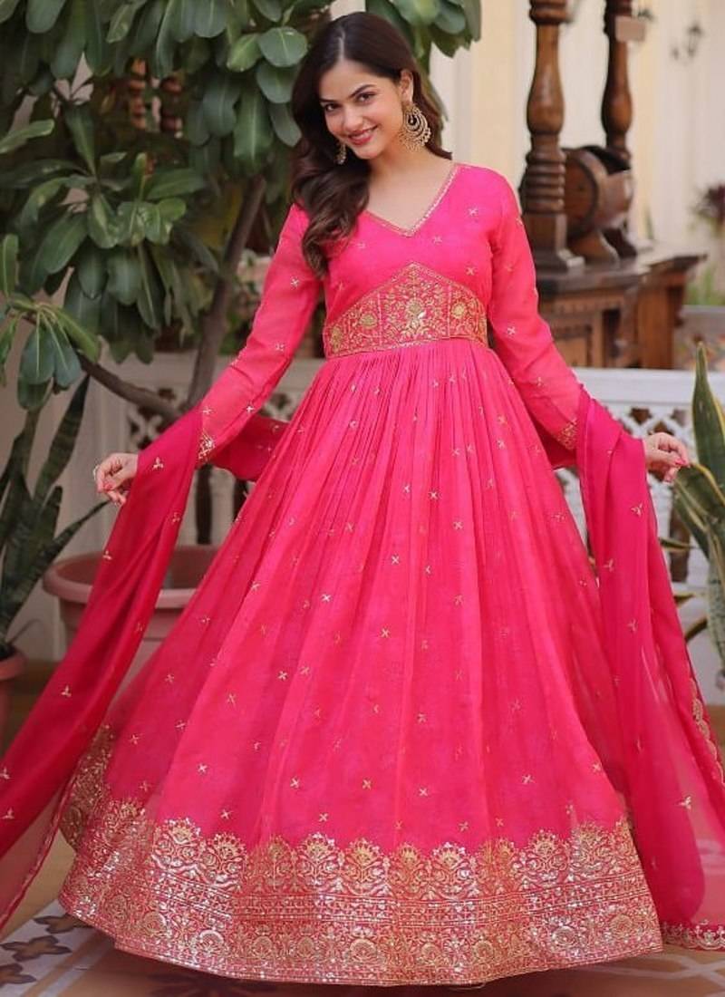 Womens new trending digital printed russian silk with embroidery zari sequins-work gown set