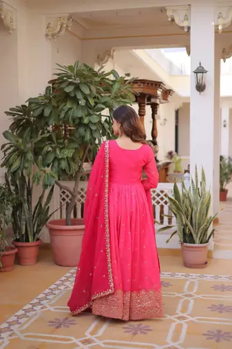 Womens trending digital printed russian silk with embroidery zari sequins-work gown set