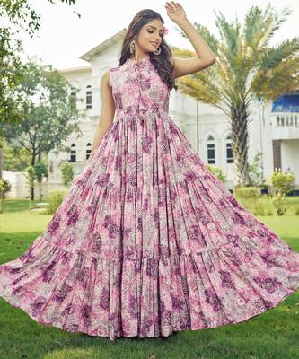 Women pink floral ethnic printed sleeveless tiered maxi dress 1