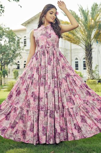 Women pink floral ethnic printed sleeveless tiered maxi dress