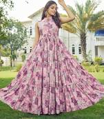 Women pink floral ethnic printed sleeveless tiered maxi dress