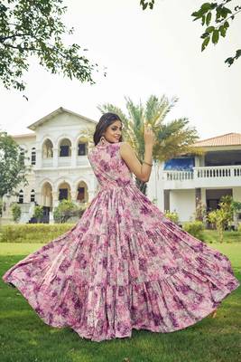Women pink floral ethnic printed sleeveless tiered maxi dress 2