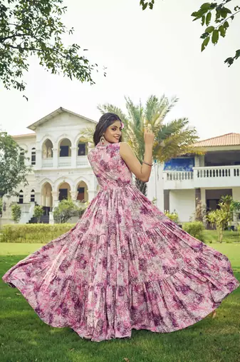 Women pink floral ethnic printed sleeveless tiered maxi dress