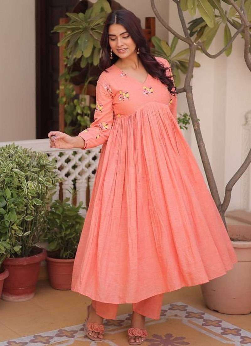 Womens new summer wear cotton fabric  with embroidered work gown set