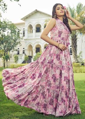 Women pink floral ethnic printed sleeveless tiered maxi dress 3