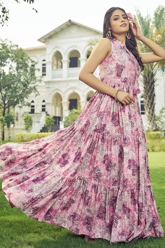 Women pink floral ethnic printed sleeveless tiered maxi dress