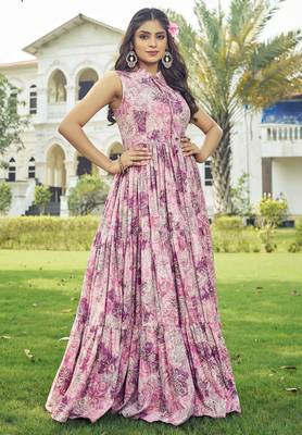 Women pink floral ethnic printed sleeveless tiered maxi dress 5