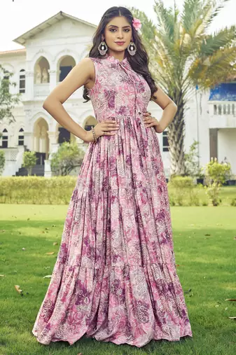 Women pink floral ethnic printed sleeveless tiered maxi dress